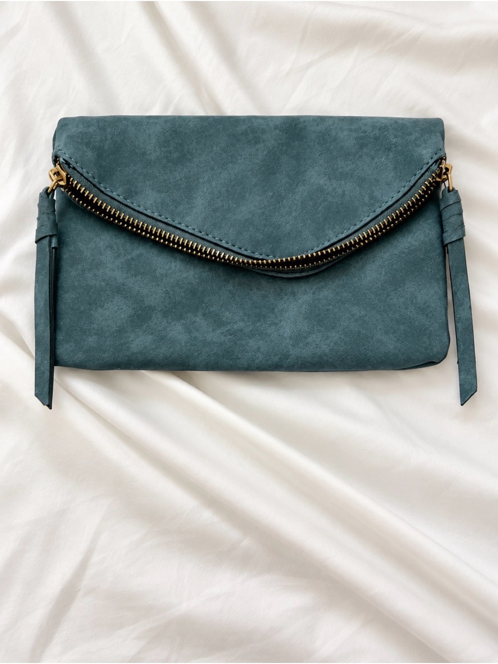 Teal Suede Envelope Clutch with Gold Zip Accent